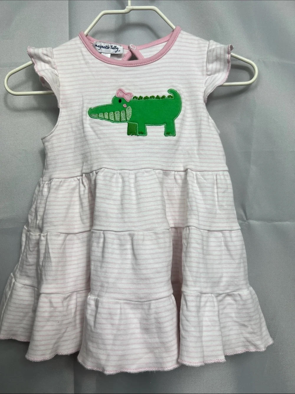 Magnolia Baby pink & white stripe  tiered dress with alligator appliqué 12 Mon